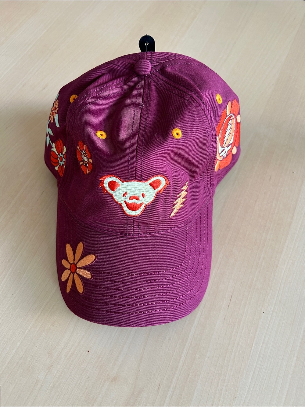 Grateful Dead Burgundy Embroidered Bear & Flower Baseball Cap
